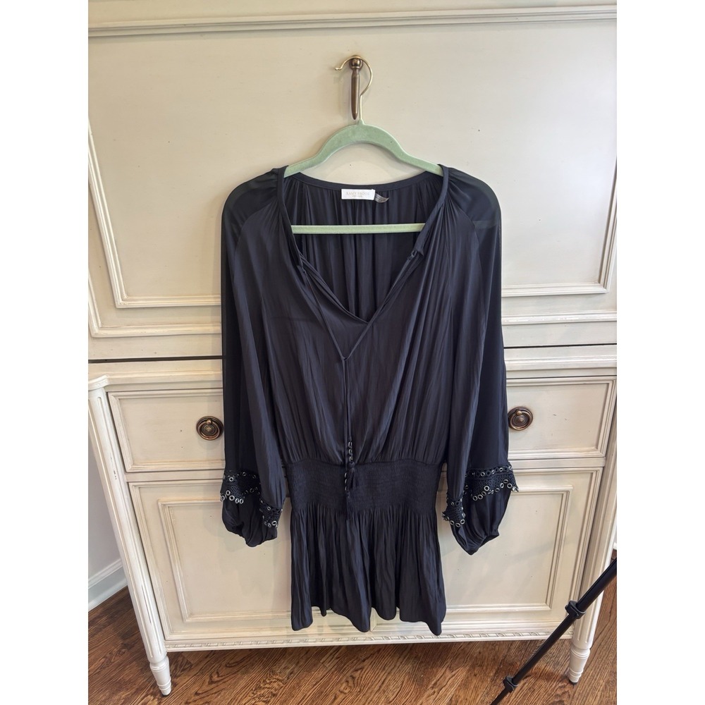 Ramy Brook Black‎ Satin Mini Dress Silver Studs Detail V Neck Cocktail Sz XS